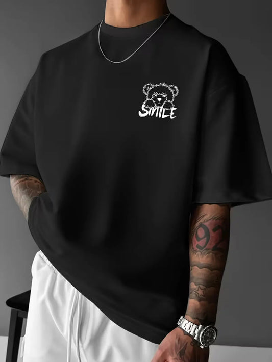 Oversized Cotton Smile Printed Drop Shoulder T-Shirt for Men