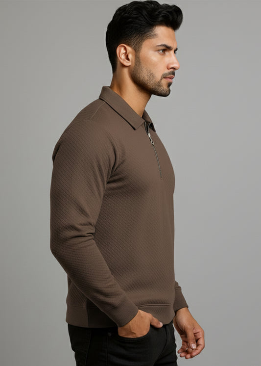 Peppyzone Men’s Full Sleeve Textured Zip Polo T-Shirt for Men