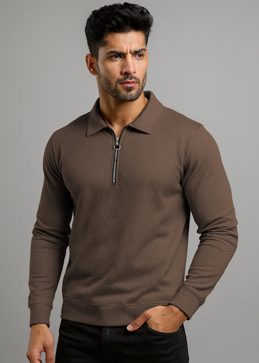 Peppyzone Men’s Full Sleeve Textured Zip Polo T-Shirt for Men
